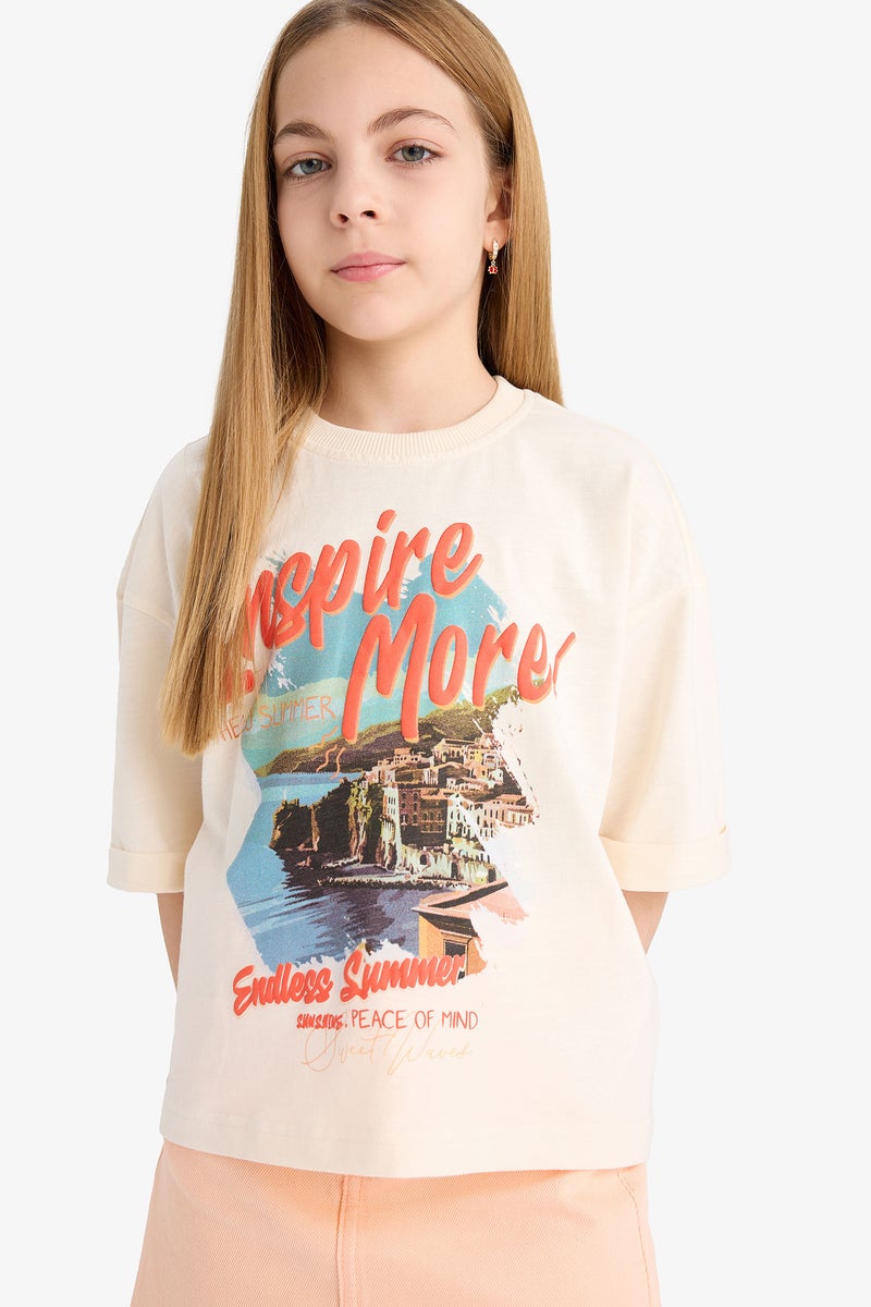 DeFacto Beige Girl Girl Oversize Crew Neck Printed Short Sleeve T-Shirt Casual - Image 3